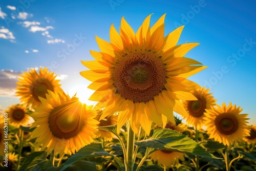 Sunflowers turning toward the sun in the soft morning light. © MdHafizur