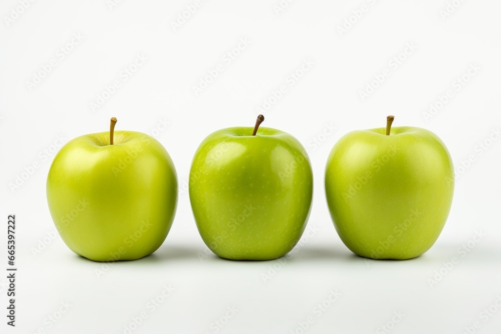 Photo of three green apples standing in a row on a white minimalistic background. Fresh, appetizing, tasty and healthy fruits. Photo of three green apples standing in a row on a white minimalistic background. Fresh, appetizing, tasty and healthy fruits.