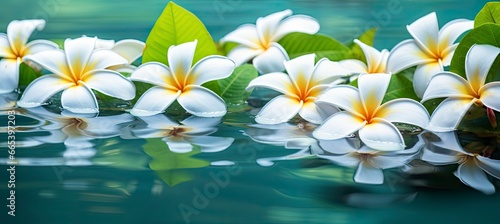 Plumeria flowers on green leaf floating on water. A peaceful and serene scene with a touch of nature and beauty. © MdHafizur
