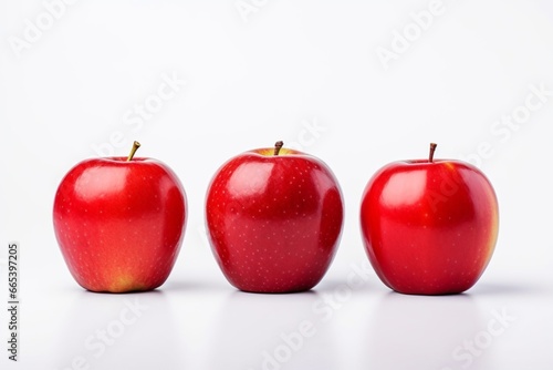 Photo of three red apples standing in a row on a white minimalistic background. Fresh  appetizing  tasty and healthy fruits.
