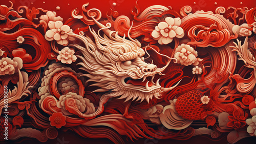 Image of a red dragon in Chinese and Japanese styles. Has a pastel colored background. For various designs or festivals such as New Year, carnival, abstract.