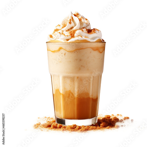 A shot capturing the frothy texture of a pumpkin spice frappe, with a dusting of nutmeg, isolated on transparent background. © The Food Stock