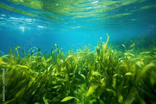 Underwater view of a group of seabed with green seagrass. © MdHafizur