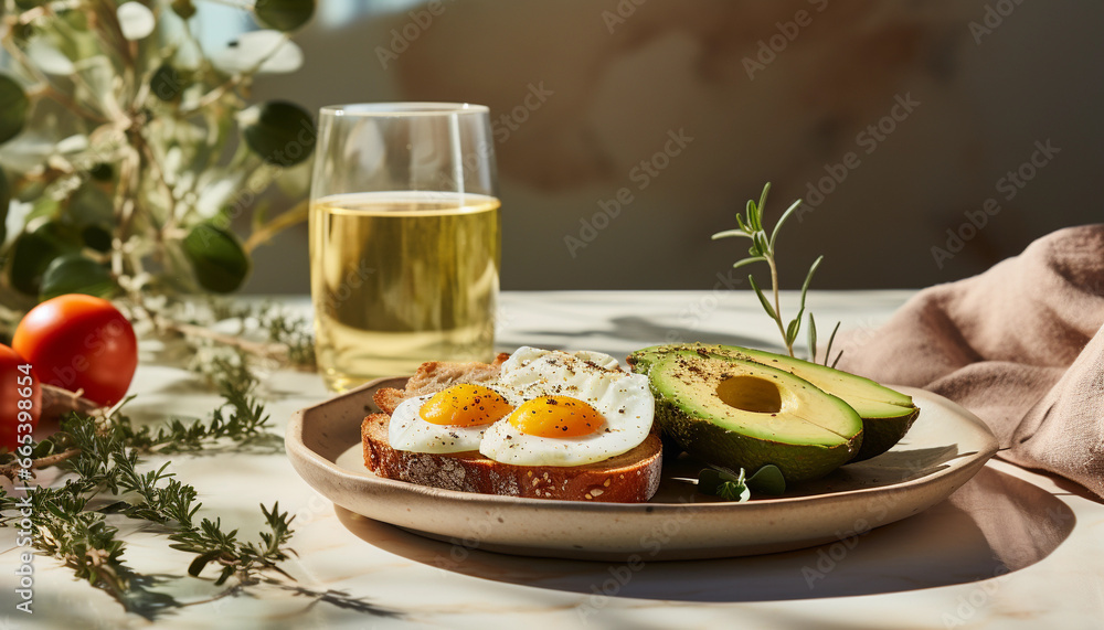 Healthy breakfast with avocado, fried egg and bread on wooden table Healthy breakfast with avocado, fried egg and bread on wooden table