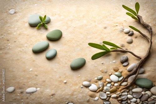 zen stones and green leaves