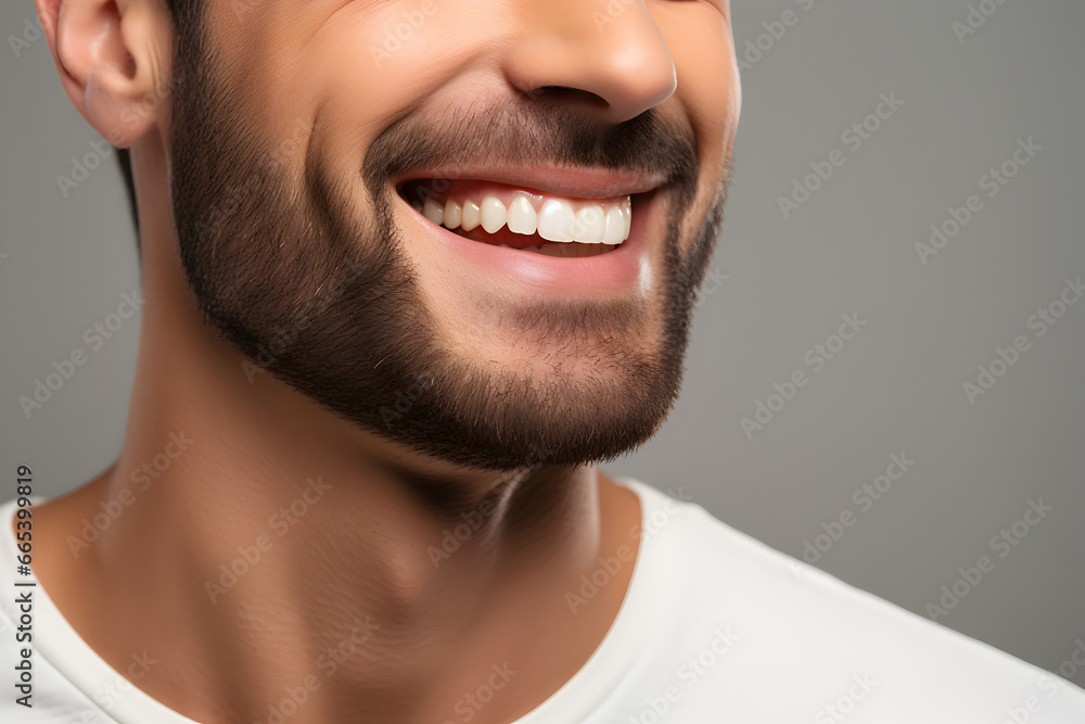 Obraz premium Confident man, clean smile, stylish, strong jawline. Dental ad. Isolated on white. Generative AI.