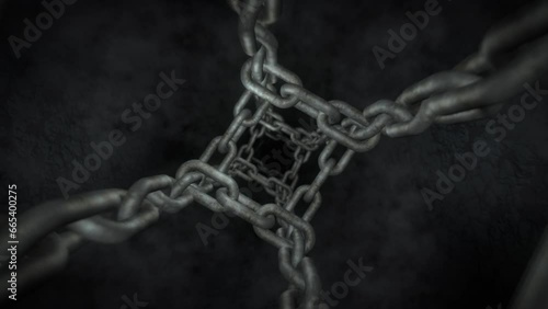 Flying in a stone tunnel with smoke inside the chains. Seamless loop