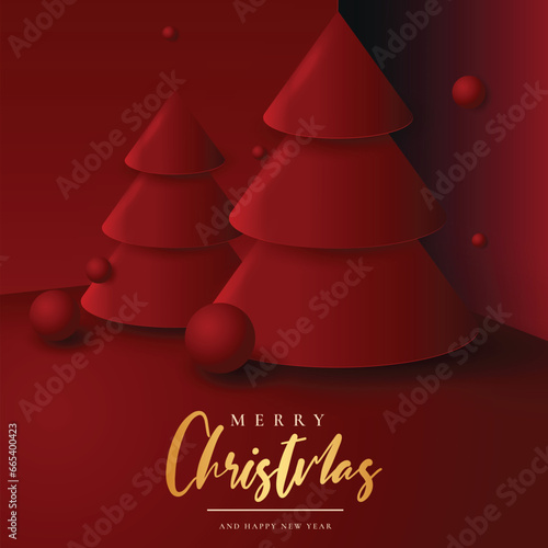 3d merry christmas new year card with realistic 3d christmas tree