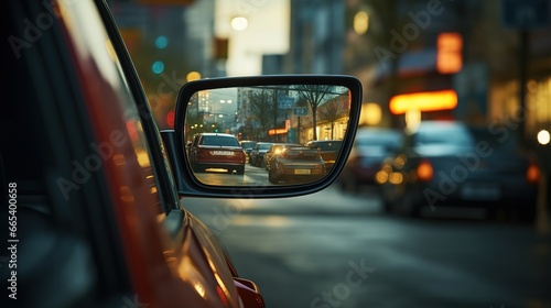 car mirror reflection with roads on the road at night