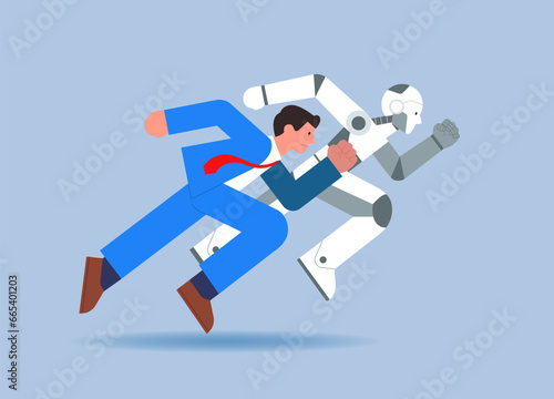 Man in suit and robot running a race. Artifical intelligence, singularity concept. Flat vector illustration.