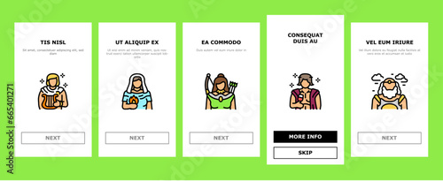 greek god mythology ancient onboarding mobile vector. goddess art, antique poseidon, gods zeus, greece dionysus, aphrodite athena, apollo greek god mythology ancient Illustrations