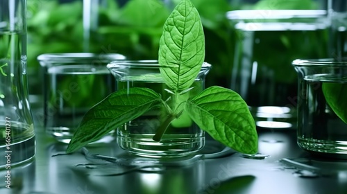 Biotechnology concept with green plant leaves, laboratory glassware, and conducting research, illustrating the powerful combination of nature and science in medical advancements. photo