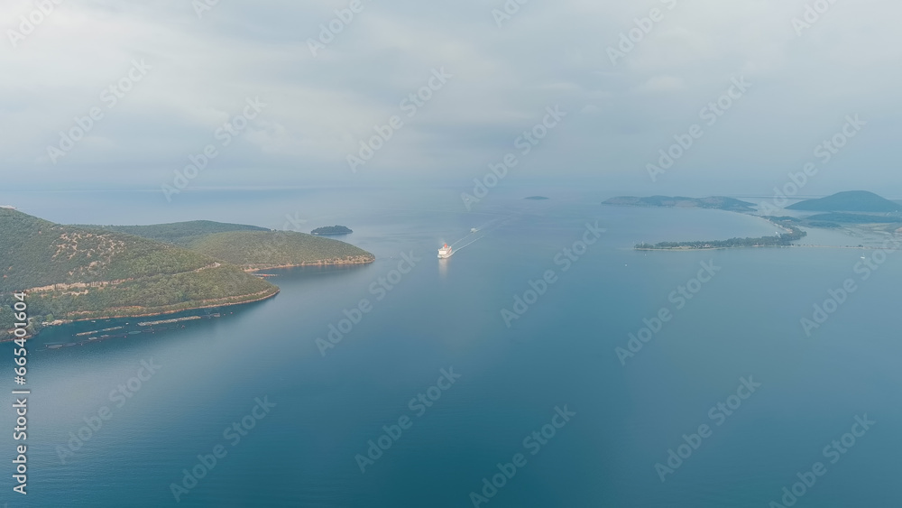 Igoumenitsa, Greece. Large ferry enters the port, Aerial View