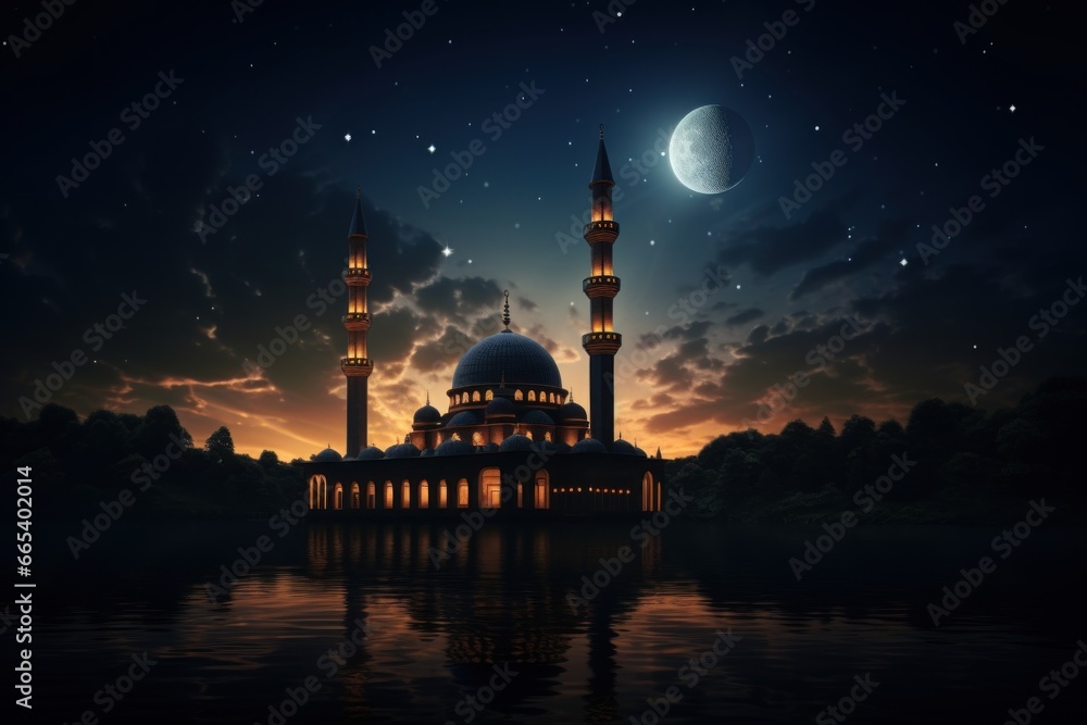Silhouette of mosque at night moonlit sky stunning as the full moon