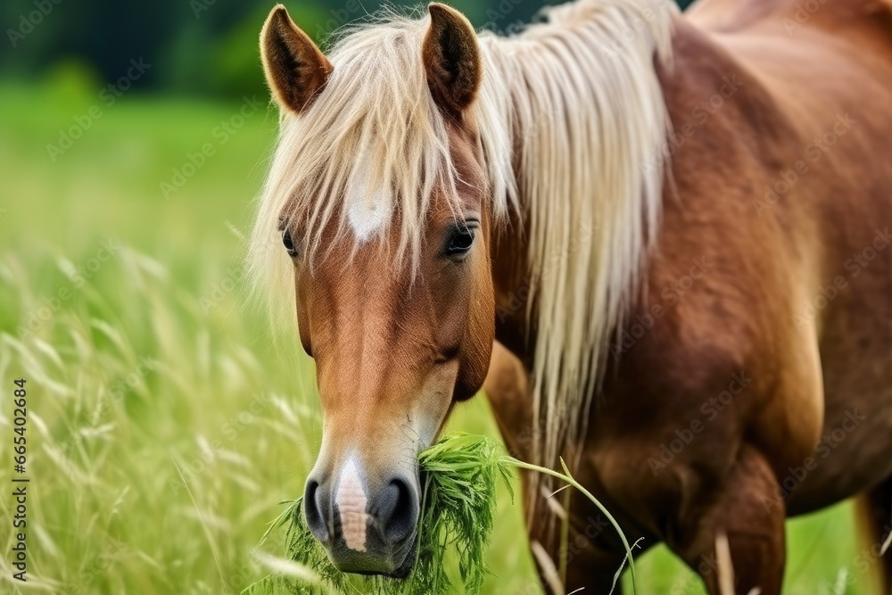 Fototapeta premium Brown horse with blond hair eats grass on a green meadow detail from the head.
