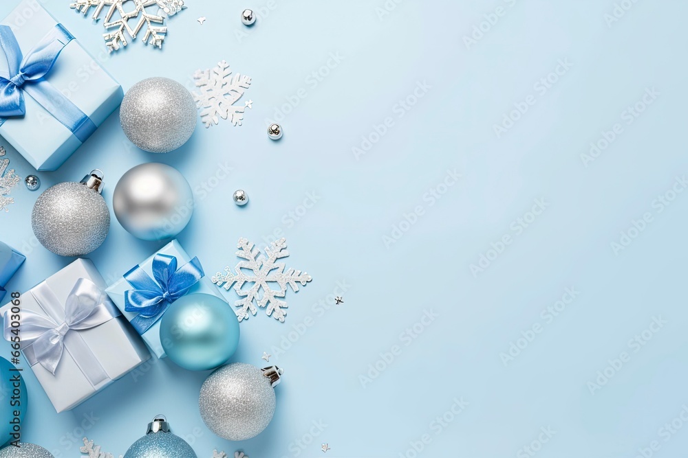 Christmas Eve concept. Top view photo of blue and silver baubles snowflake ornaments stylish present boxes and confetti. Christmas Eve concept. Top view photo of blue and silver baubles snowflake ornaments stylish present boxes and confetti.