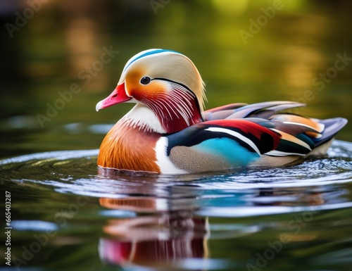 Closeup of mandarin duck swimming in lake.