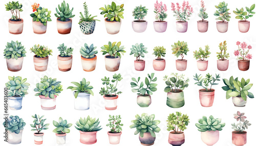 Set of watercolor collection of flowers and plants on white background. 