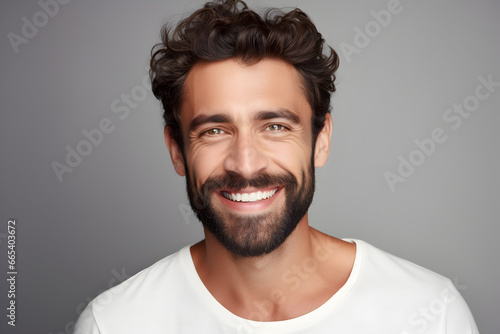Confident man with clean teeth, stylish hair, and strong jawline. Dental ad-ready portrait on white. Generative AI.