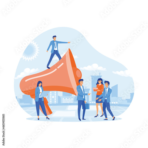 Big megaphone with a small people, teamwork. Business promotion, attention, advertising, online alerting. flat vector modern illustration 