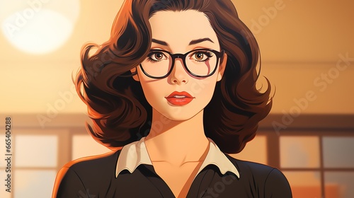 illustration of a brunette office lady wearing glasses in the office   photo