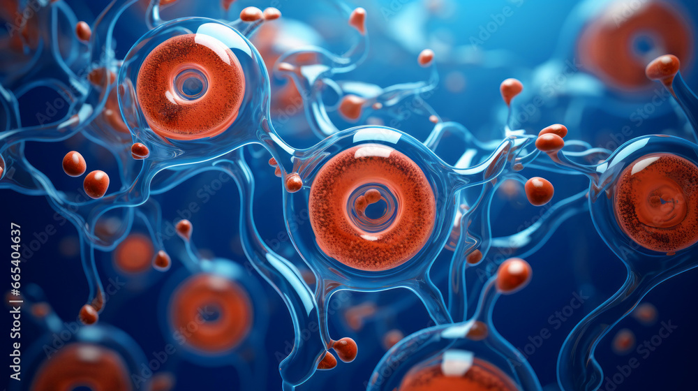Close-up microscopic view of body cells. Cell therapy and regeneration Close-up microscopic view of body cells. Cell therapy and regeneration