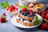 Fresh breakfast with Blueberry, Strawberry, raspberry ricotta rye sandwiches.