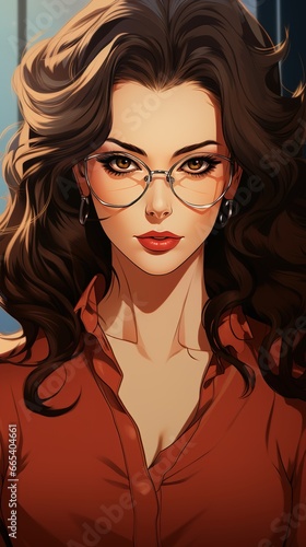 illustration of a brunette office lady wearing glasses in the office 
