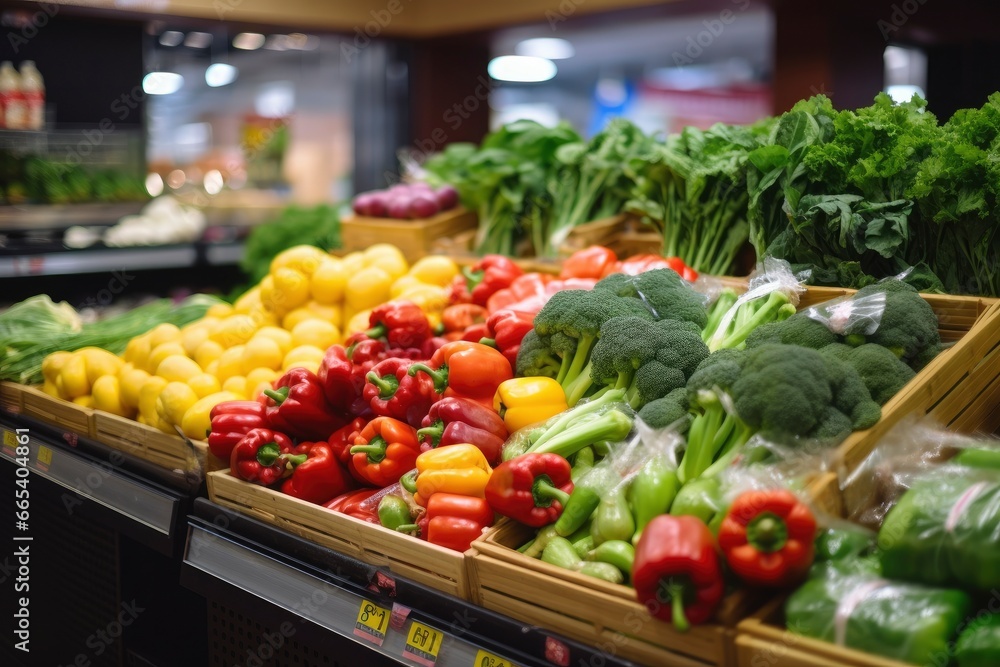 Fruits and vegetables on shop stand in supermarket grocery store.