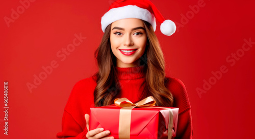 Beautiful young woman in Santa hat with giftbox, on color background. Ai generated