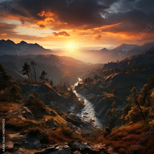 Photo of a mountain landscape at sunrise. Generative AI © Aditya