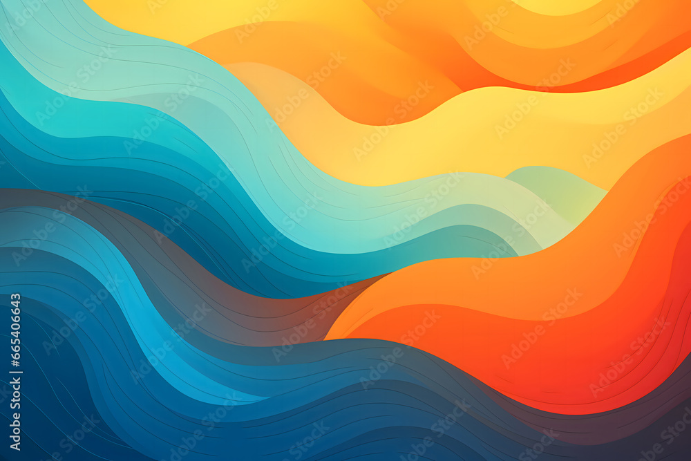 黄色・オレンジ・青のカラフルなウェーブ背景｜ wave.Abstract digital background.Generative AI