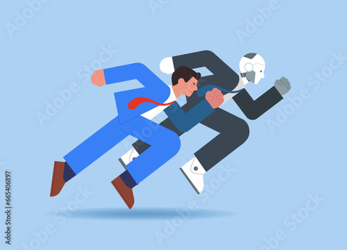 Businessman racing, Man in suit and robot running a race. Artifical intelligence, singularity concept. Flat vector illustration.