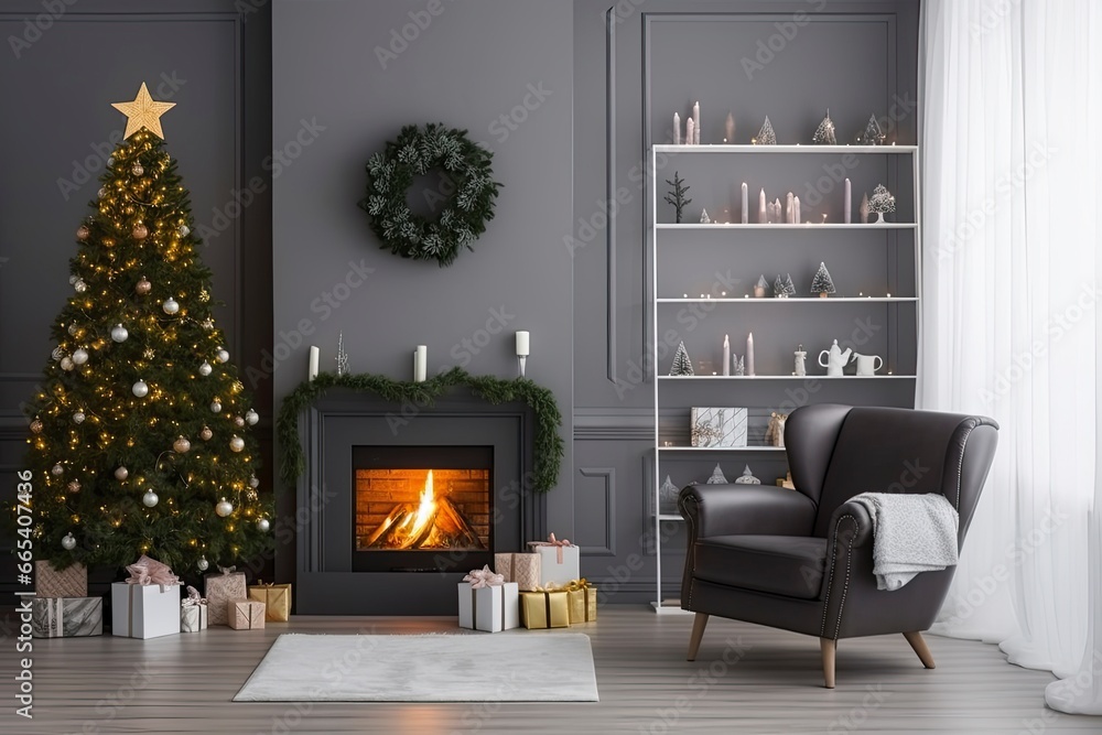 Modern Living Room With Fireplace, Christmas Tree, Gift Boxes And Armchair. Modern Living Room With Fireplace, Christmas Tree, Gift Boxes And Armchair.