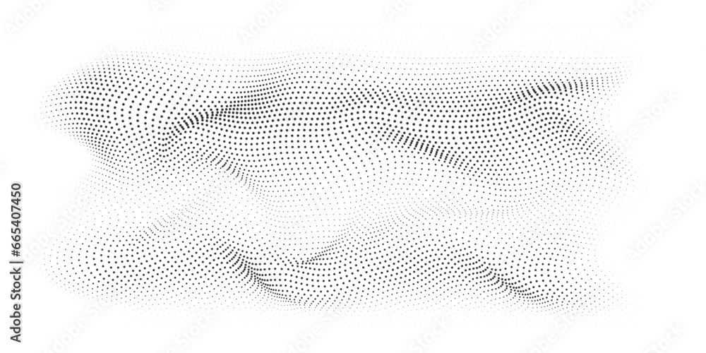 Flowing dots particles wave pattern 3D curve halftone black curve shape isolated on transparent background. Vector in concept of technology, science, music, modern. - obrazy, fototapety, plakaty 