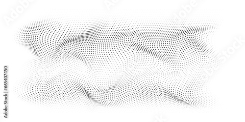 Flowing dots particles wave pattern 3D curve halftone black curve shape isolated on transparent background. Vector in concept of technology, science, music, modern.
