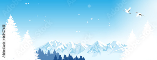 厳冬の銀世界の風景イラスト