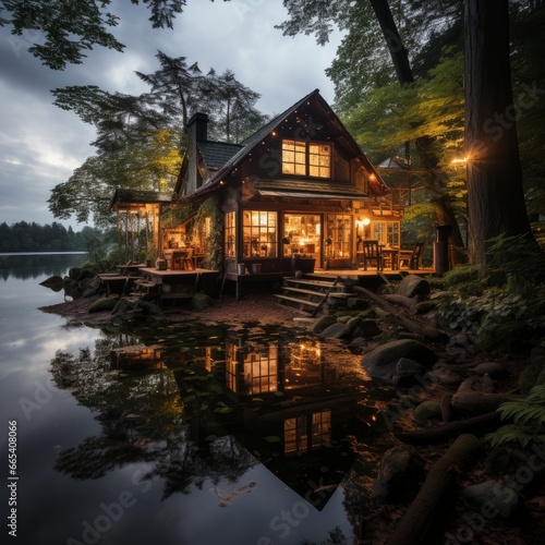 Canvas Print Photo of a tranquil lakeside cabin in the woods. Generative AI