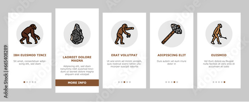 human evolution man caveman onboarding mobile vector. monkey evolve, ape darwin, theory computer, history homo, anthropology human evolution man caveman Illustrations
