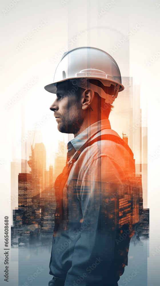 Engineer with helmet stands looks at building construction work. Double exposure with light effects background.