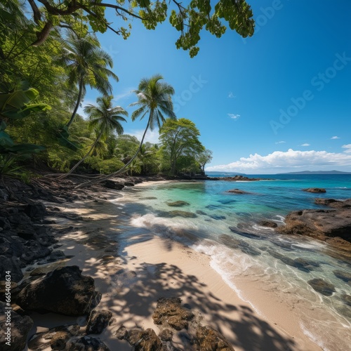 Photo of a tropical beach with palm trees. Generative AI