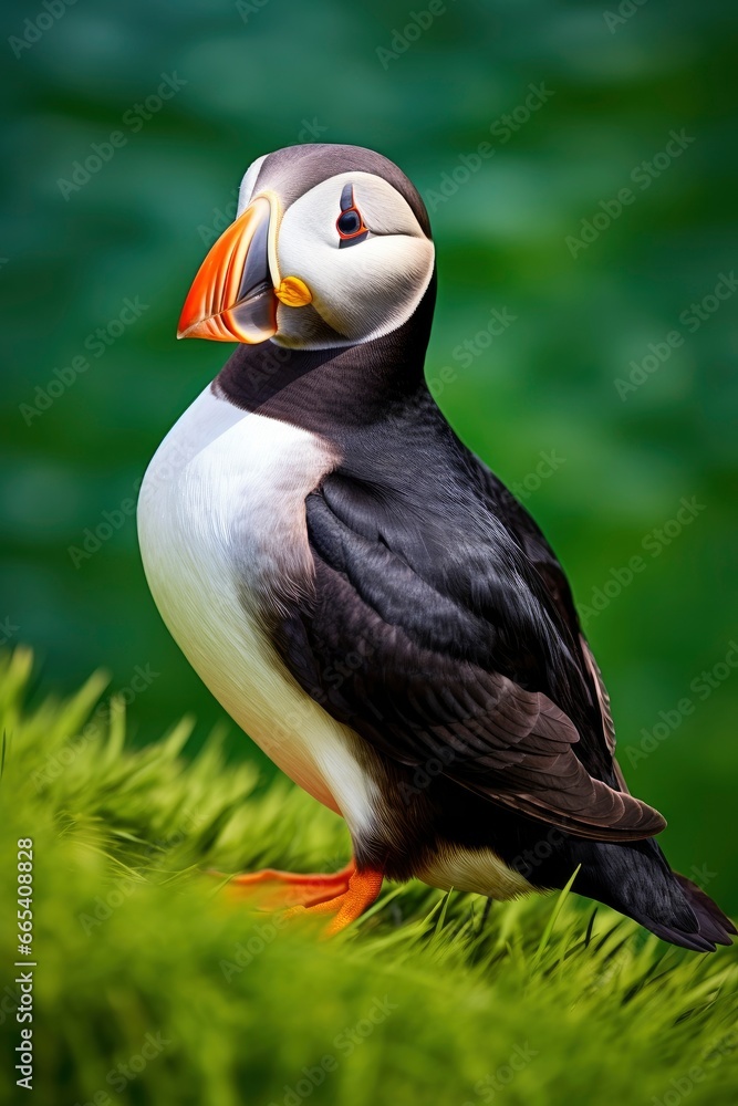 Naklejka premium Puffin bird on a green grass patch.