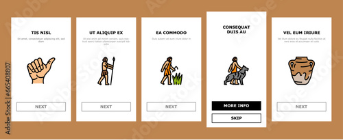 human evolution man caveman onboarding mobile vector. monkey evolve, ape darwin, theory computer, history homo, anthropology human evolution man caveman Illustrations