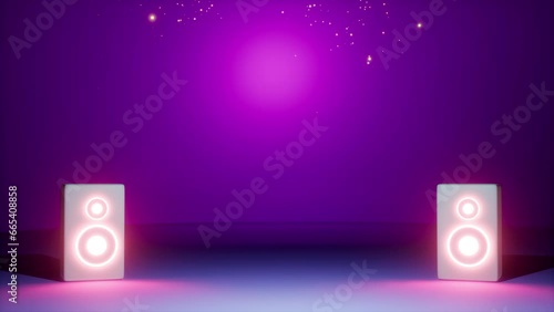 repro speakers on purple background. Glowing neons on floor stage fashion show with music players animation photo