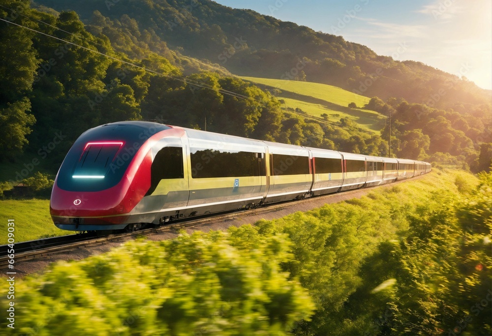 Train of the future running through the countryside in the morning