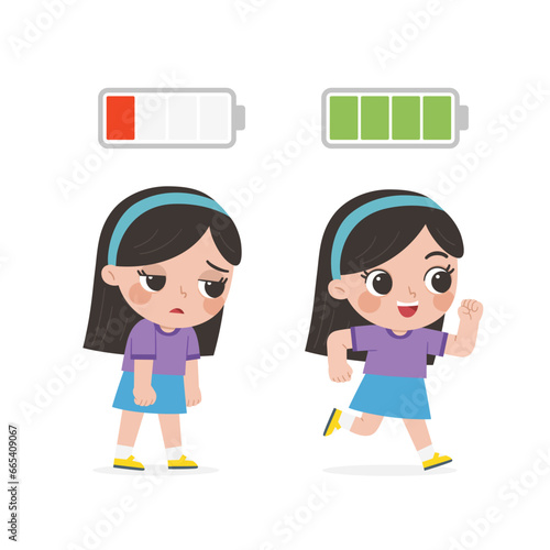 Active and tired kid. Happy and unhappy kid. Energetic and tired or exhausted boy and life energy.