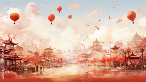 Chinese and Japanese style nature pictures with mountains and ancient castles. Has a pastel colored background. For various designs or festivals such as New Year, carnival, abstract.