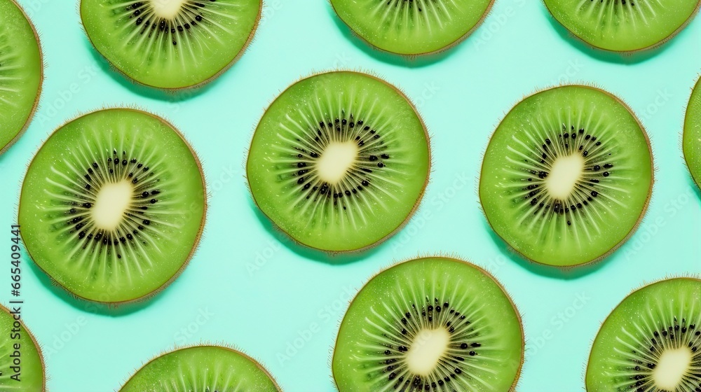 Slices of kiwi fruit and green mint leaves on a light pastel blue background. Slices of kiwi fruit and green mint leaves on a light pastel blue background.