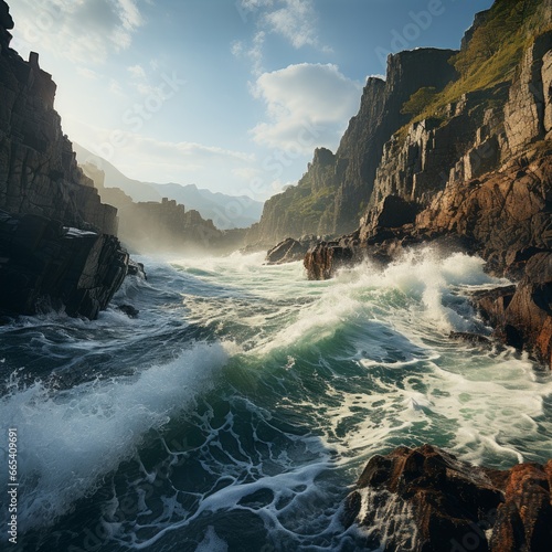 Photo of coastal cliffs and crashing waves. Generative AI