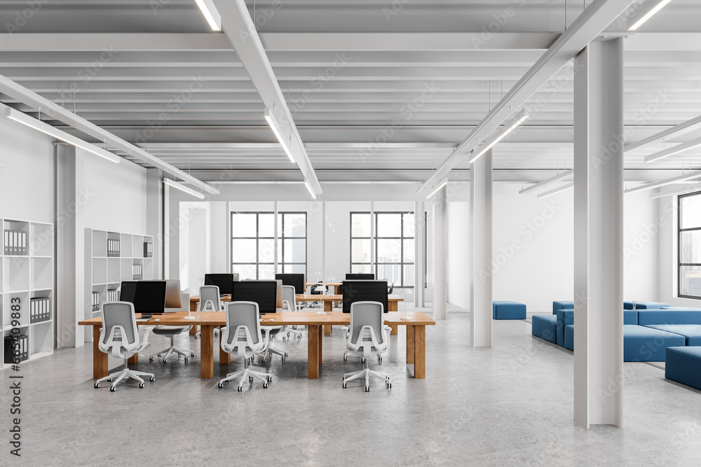 White office interior with workplace and meeting room, panoramic window White office interior with workplace and meeting room, panoramic window